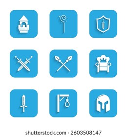 Set Crossed medieval spears, Gallows, Medieval iron helmet, throne, sword, shield with and Castle tower icon. Vector