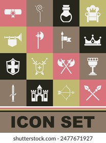 Set Crossed medieval spears, Medieval goblet, King crown, Poison bottle, axe, Trumpet with flag, Decree, parchment, scroll and  icon. Vector