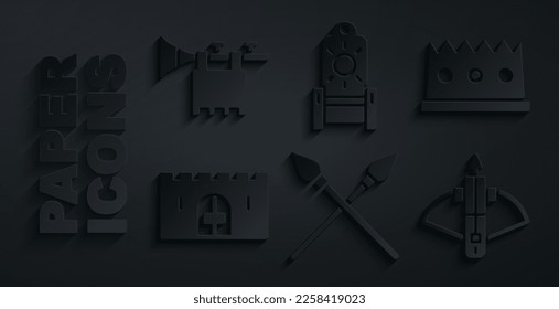 Set Crossed medieval spears, King crown, Medieval castle gate, Battle crossbow with arrow, throne and Trumpet flag icon. Vector