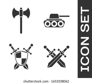 Set Crossed medieval sword, Medieval axe, Medieval shield with crossed swords and Military tank icon. Vector