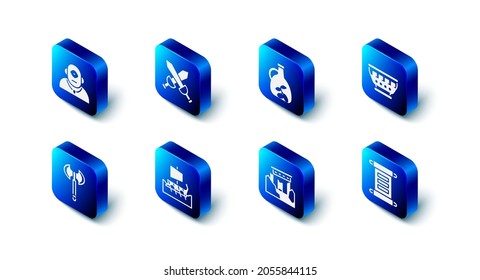 Set Crossed medieval sword, Bottle of olive oil, Greek ancient bowl, Decree, parchment, scroll, Ancient ruins, trireme, Medieval axe and Cyclops icon. Vector