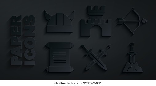 Set Crossed mittelalterliches Schwert, mittelalterliche Schleife und Pfeil, Dekret, Pergament, Scroll, Schwert in den Stein, Schloss, Festung und Wiking Hornissen Helm Symbol. Vektorgrafik