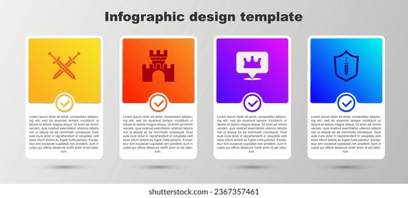 Set Crossed medieval sword, Castle, fortress, Location king crown and Medieval shield with. Business infographic template. Vector