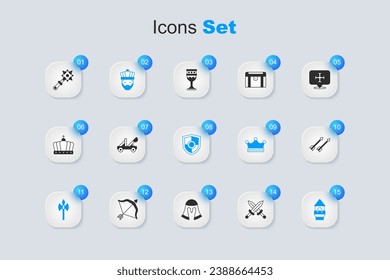 Fijar la espada medieval cruzada, la catapulta medieval, el rey con corona, el hacha, la torre del castillo, las flechas, las espigas de Mace y el icono Escudo. Vector