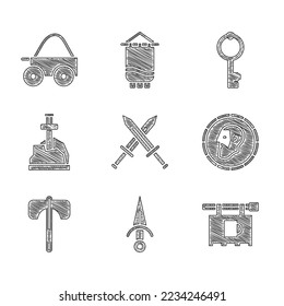 Set Crossed medieval sword, Dagger, Street signboard with Bar, Ancient coin, Medieval axe, Sword the stone, Old key and Wooden four-wheel cart icon. Vector
