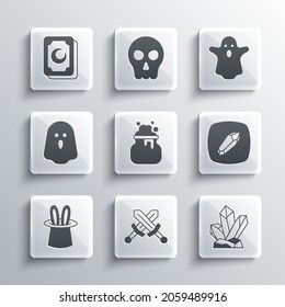 Set Crossed medieval sword, Magic stone, Witch cauldron, Magician hat and rabbit ears, Ghost, Tarot cards and  icon. Vector