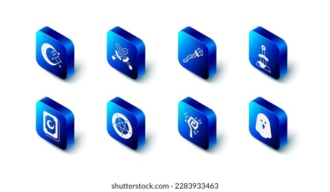 Set Crossed medieval sword, Magic staff, Sword in the stone, Ghost, Pentagram circle, Tarot cards and Moon and stars icon. Vector