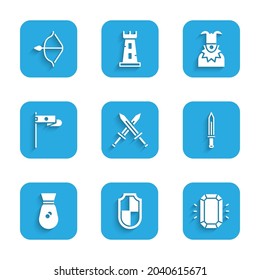 Fijar la espada medieval cruzada, Escudo, Diamante, Medieval, Bolsa de dinero antiguo, bandera, cabeza de bromista y icono de arco y flecha. Vector