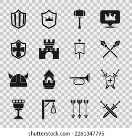 Set Crossed medieval sword, Medieval shield with swords, spears, Hammer, Castle, fortress, Shield,  and flag icon. Vector