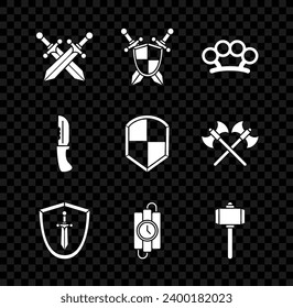 Fijar la espada medieval cruzada, el escudo medieval con espadas cruzadas, los nudillos de bronce, el palo dinamita y el reloj cronómetro, el martillo de batalla, el cuchillo militar y el icono Escudo. Vector