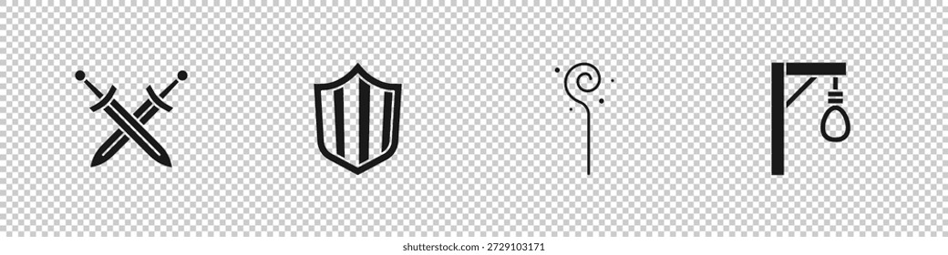 Conjunto Espada medieval cruzada, escudo, bastón mágico e icono de horca. Vector