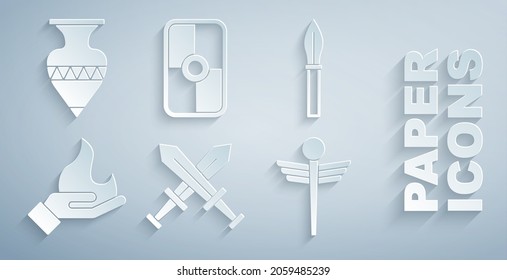 Fijar la espada medieval cruzada, la lanza medieval, la mano con fuego, el médico de serpiente Caduceus, el escudo griego y el ícono de las ampollas antiguas. Vector