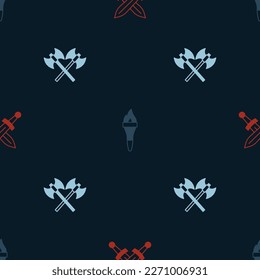 Set Crossed medieval sword, Torch flame and axes on seamless pattern. Vector