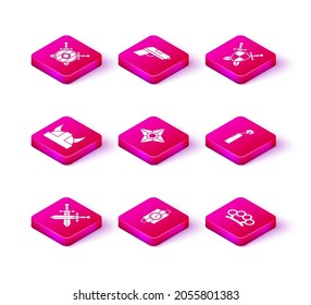 Set Crossed medieval sword, Viking in horned helmet, Japanese ninja shuriken, Brass knuckles, Dynamite bomb, Medieval shield with crossed swords and Pistol gun icon. Vector