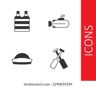 Set Crossed oars or paddles boat, Striped sailor t-shirt, Sailor hat and Submarine icon. Vector