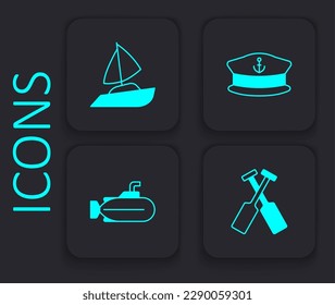 Set Crossed oars or paddles boat, Yacht sailboat, Captain hat and Submarine icon. Black square button. Vector