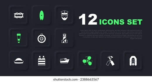 Set Crossed oars or paddles boat, Inflatable with motor, Compass, Boat propeller, Spyglass telescope lens, Striped sailor t-shirt, Surfboard and Speedboat icon. Vector