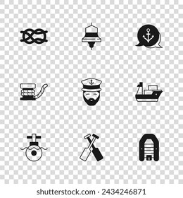 Set Crossed oars or paddles boat, Cargo ship, Inflatable with motor, Captain of, Anchor, Nautical rope knots, Ship bell and Marine bollard icon. Vector