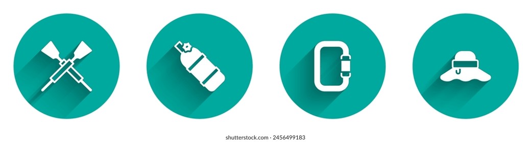 Set Crossed oars or paddles boat, Aqualung, Carabiner and Fisherman hat icon with long shadow. Vector