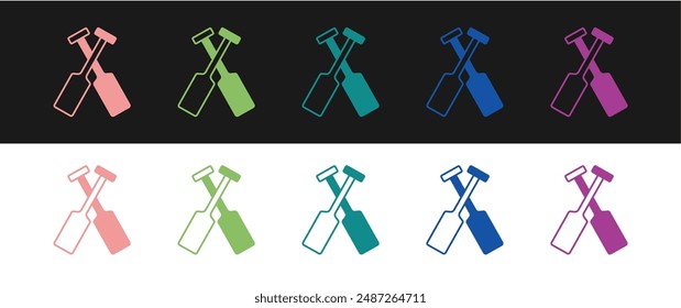 Set Crossed oars or paddles boat icon isolated on black and white background.  Vector