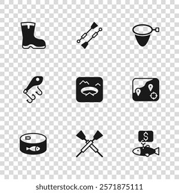 Set Crossed oars or paddles boat, Location fishing, Price tag for, Winter, Fishing net, boots, Oars and lure icon. Vector