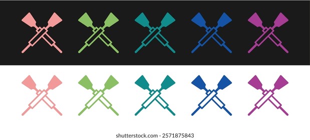 Set Crossed oars or paddles boat icon isolated on black and white background.  Vector