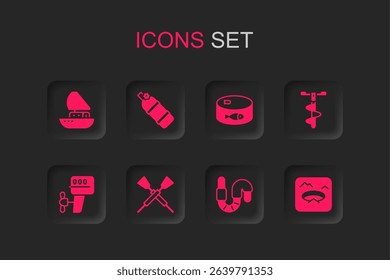 Set Crossed oars or paddles boat, Aqualung, Yacht sailboat, Worm, Hand ice drill, Winter fishing, Canned and Outboard motor icon. Vector