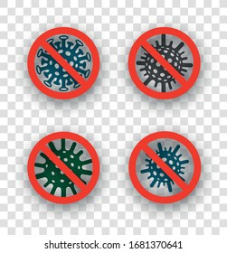 Set of crossed out red virus signs on transparent background. Warning vector signs.