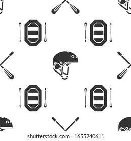 Set Crossed paddle, Helmet and Rafting boat on seamless pattern. Vector