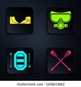 Set Crossed paddle, Skate park, Rafting boat and Diving mask. Black square button. Vector