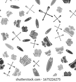 Set Crossed paddle, Surfboard, Diving mask and Gloves on seamless pattern. Vector