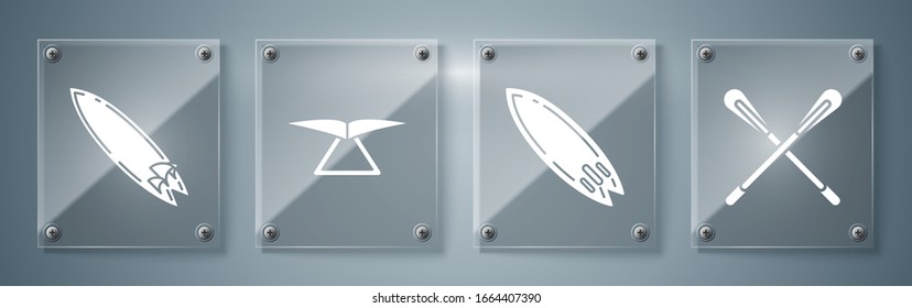 Set Crossed paddle, Surfboard, Hang glider and Surfboard. Square glass panels. Vector