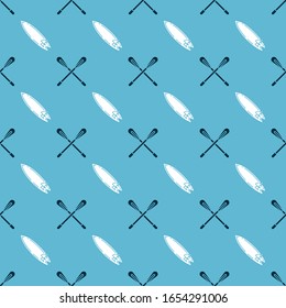 Set Crossed paddle and Surfboard on seamless pattern. Vector