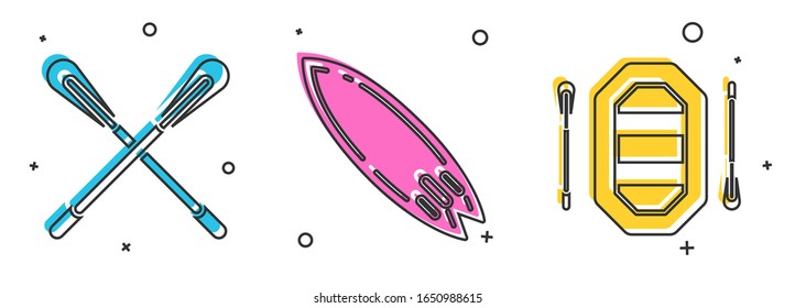 Set Crossed paddle, Surfboard and Rafting boat icon. Vector
