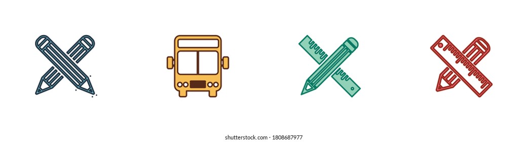 Set Crossed pencil, Bus, ruler and and icon. Vector.