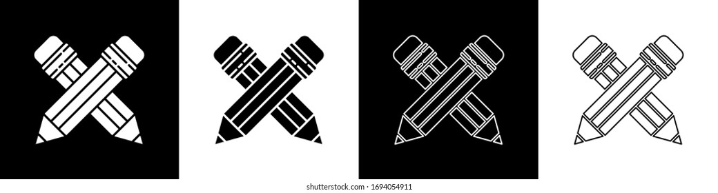 Set Crossed pencil with eraser icon isolated on black and white background. Drawing and educational tools. School office symbol.  Vector Illustration