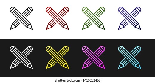 Set Crossed pencil icon isolated on black and white background. Education sign. Drawing and educational tools. School office symbol.  Vector Illustration