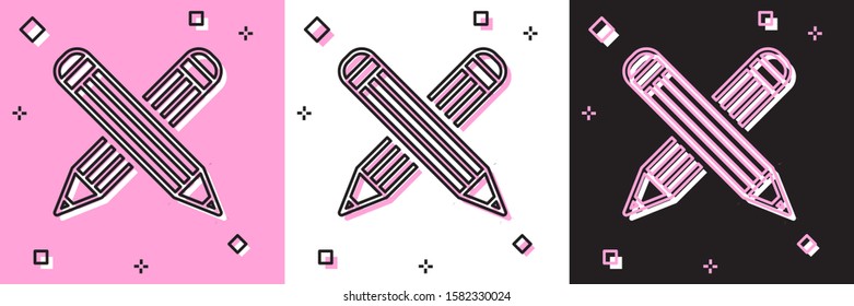 Set Crossed pencil icon isolated on pink and white, black background. Education sign. Drawing and educational tools. School office symbol.  Vector Illustration