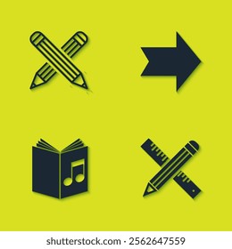 Set Crossed pencil, ruler and, Audio book and Arrow icon. Vector