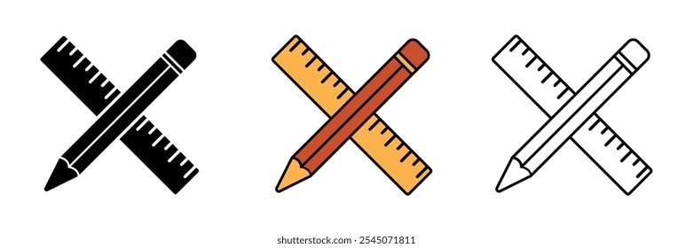 Conjunto de coleção de ícones de lápis e régua cruzados. Estilo diferente do ícone do lápis e da régua. Ilustração de vetor. 