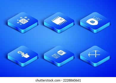Set Crossed pickaxe, ASIC Miner, Smart contract, Bitcoin plant the pot, Cryptocurrency wallet and Shield with bitcoin icon. Vector
