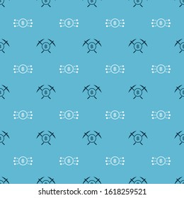 Set Crossed pickaxe and Cryptocurrency bitcoin in circle with microchip circuit on seamless pattern. Vector