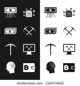 Set Crossed pickaxe, Cryptocurrency bitcoin, with circuit, ASIC Miner, Pickaxe and Mining monitor and icon. Vector