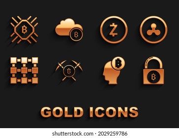 Set Crossed pickaxe, Cryptocurrency coin Ripple XRP, Lock with bitcoin, Bitcoin think, Blockchain technology, Zcash ZEC, CPU mining farm and cloud icon. Vector