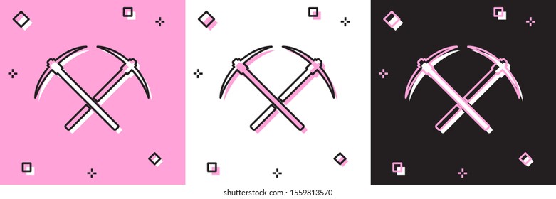 Set Crossed pickaxe icon isolated on pink and white, black background. Blockchain technology, cryptocurrency mining, bitcoin, altcoins, digital money market.  Vector Illustration