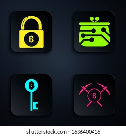 Set Crossed pickaxe, Lock with bitcoin, Cryptocurrency Bitcoin key and Cryptocurrency wallet. Black square button. Vector