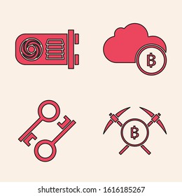 Set Crossed pickaxe, Mining farm, Cryptocurrency cloud mining and Cryptocurrency key icon. Vector