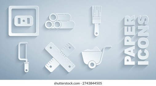 Set Crossed ruler, Paint brush, Hacksaw, Shovel, Industry metallic pipe and Electrical outlet icon. Vector
