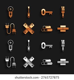 Set Crossed ruler, Paint brush, Bricks, Industry metallic pipe, Electric plug, Old key, Angle grinder and Screwdriver icon. Vector