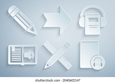 Set Crossed ruler and pencil, Audio book, Arrow and Pencil icon. Vector
